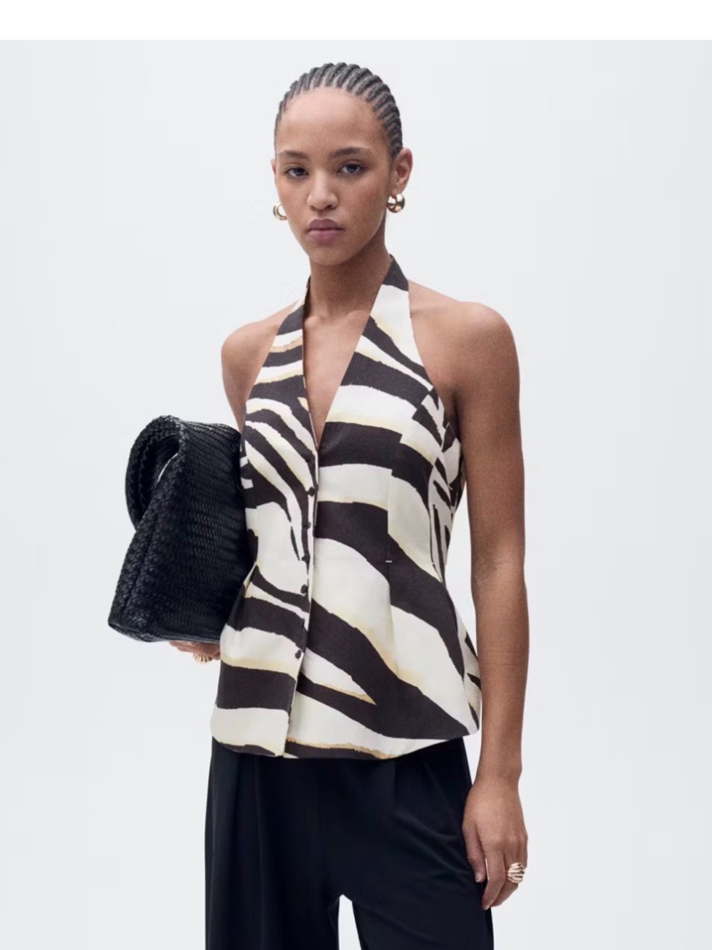 Sleeveless MANGO Zebra-Stripe Halter Top in Black & Cream